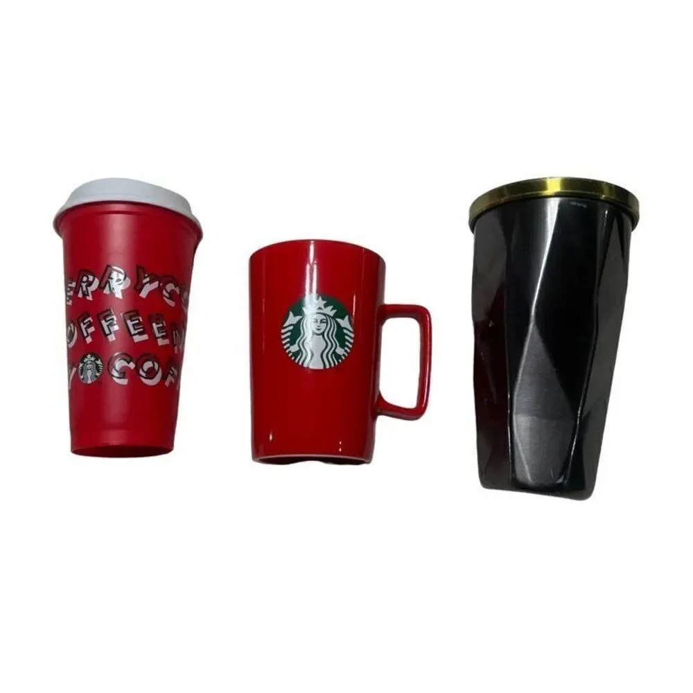 Starbucks Coffee Cup Trio 2021 Red Ceramic, 2012 Insulated & Red To go Plastic c